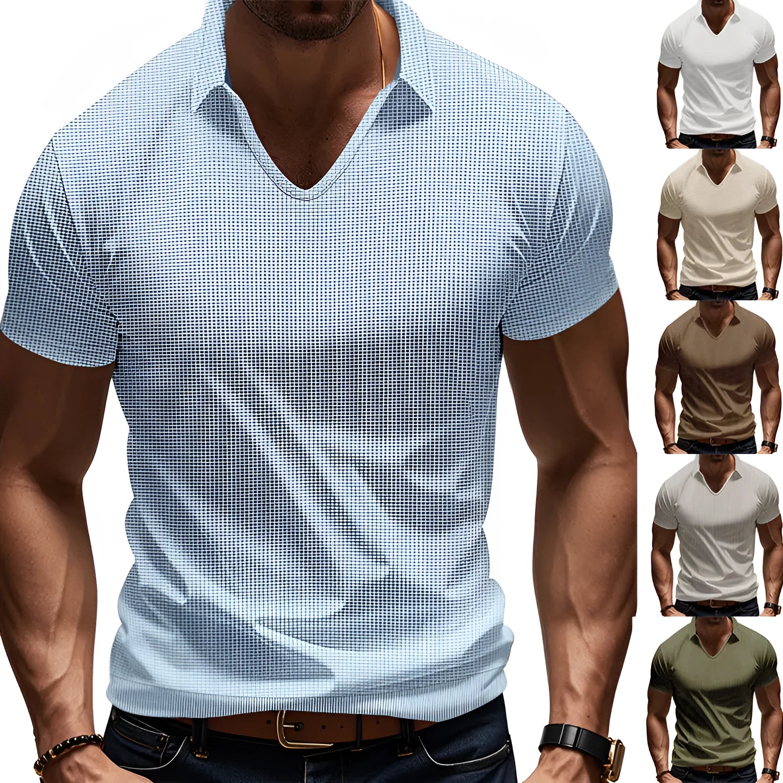 Men's loose fit light grey cotton blend V-neck short sleeve t-shirt laid flat.