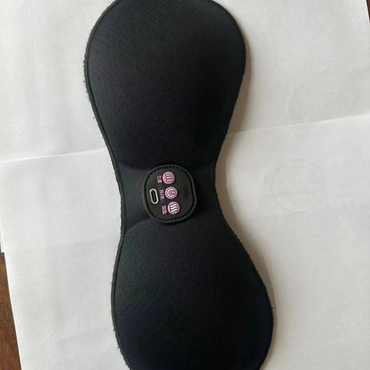 Black electric massage bra with inner cushion chest paste and three-key control panel for vibration massage therapy