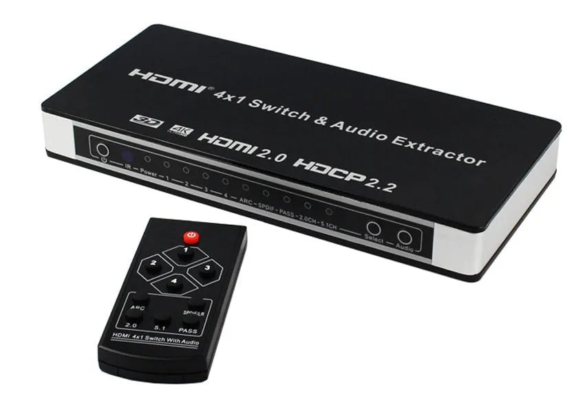 Black HDMI audio separation switch with four inputs and one output, remote control, and UK power adapter