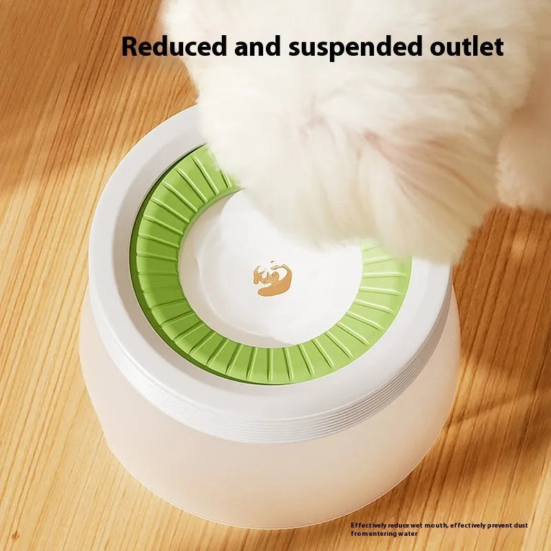 Green pet suspension water bowl for dogs and cats on a matching plate.