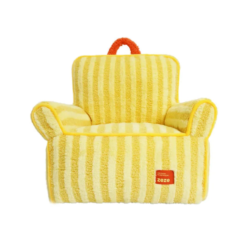 Striped orange soft velvet pet bed for dogs with a removable washable cover.