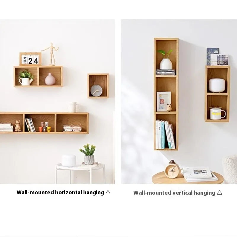 Solid White Oak wall-mounted lattice bookshelf with multi-grid storage, wood colour finish