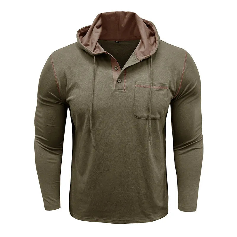 Men's long-sleeved hooded Henley T-shirt in cotton blend, pullover outdoor top