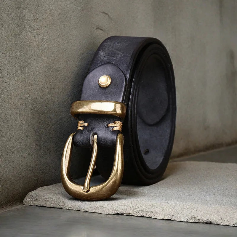 Men's casual jeans belt in genuine cowhide leather with copper buckle