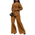 Women's brown thickened suede two-piece suit with split sleeves and trousers in casual style.