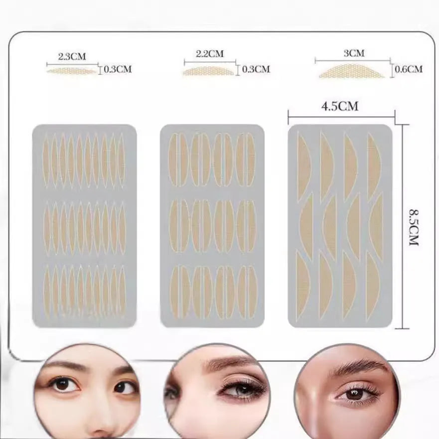 Box of no glue eyelid stickers in three sizes L, M, S on a non-woven fabric strip.