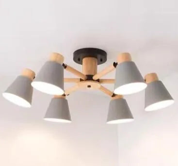 Nordic Macaron style ceiling pendant light with ironwood frame, shown in a two-tone colour option with multiple light heads.