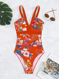 Women's floral patterned backless one-piece swimsuit in polyester spandex construction