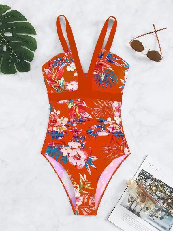 Women's floral patterned backless one-piece swimsuit in polyester spandex construction