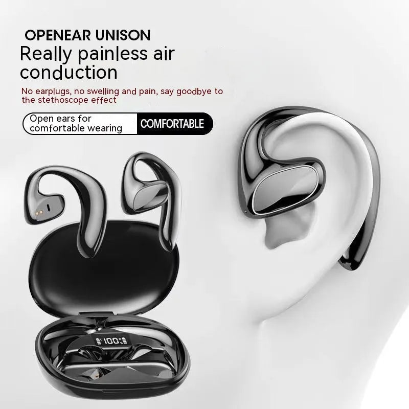 Wireless Bluetooth non-in-ear ear-mounted headset with digital display, available in black, blue, white, and skin colour