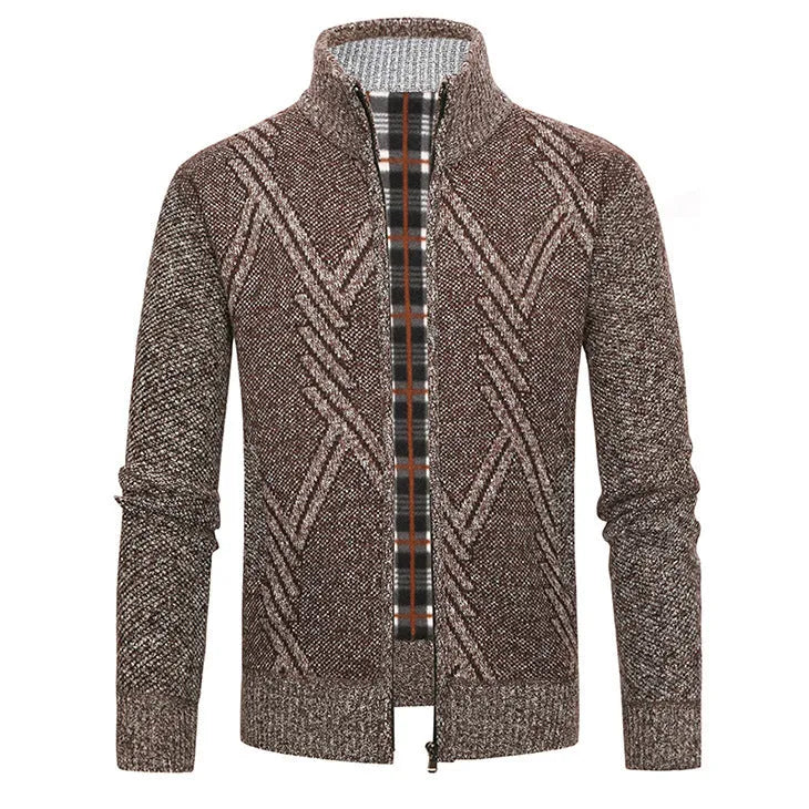 Men's thick cotton blend stand collar zipper cardigan sweater in light gray, long sleeves, size M to 3XL