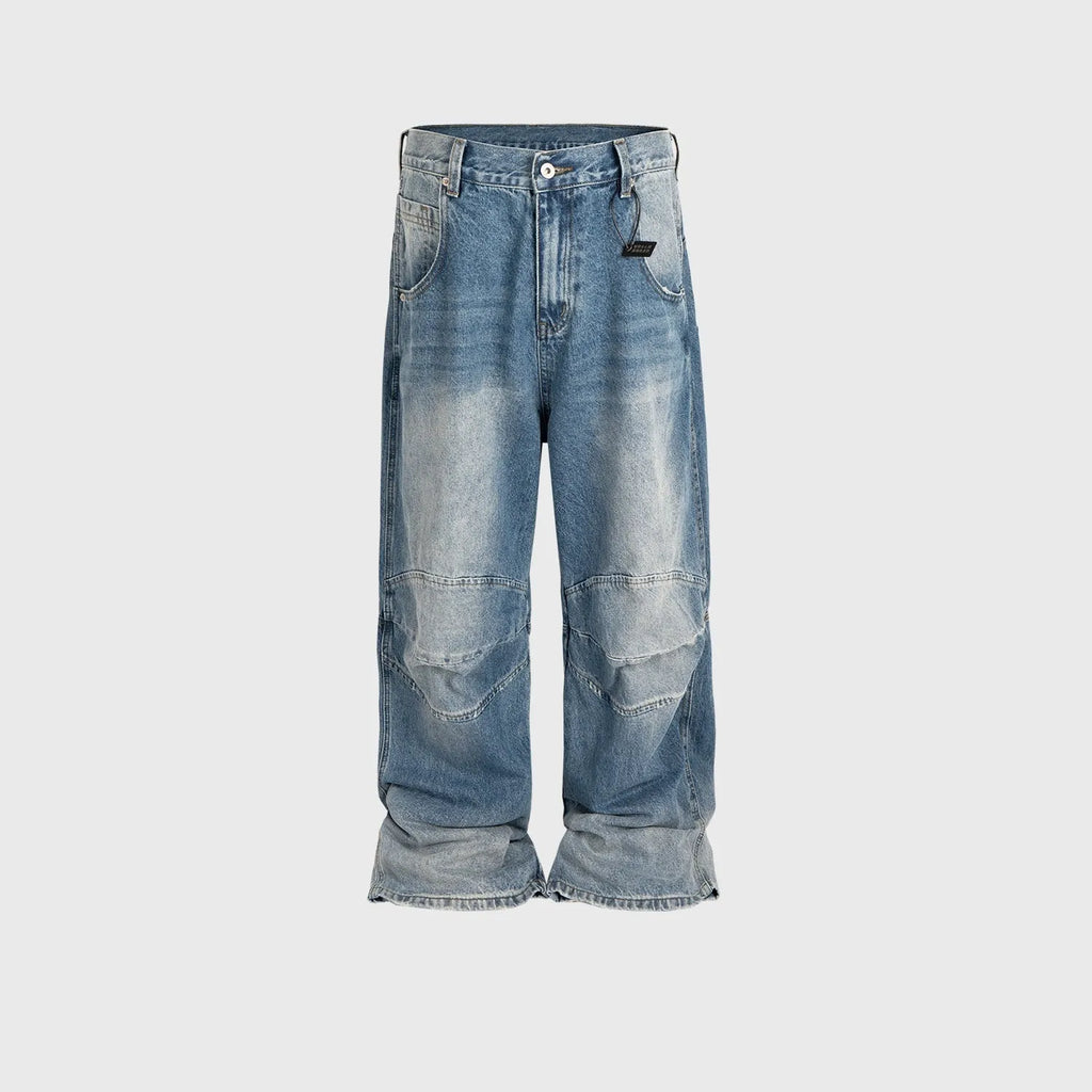 Men's washed white blue baggy straight-leg jeans with zip fly on mannequin