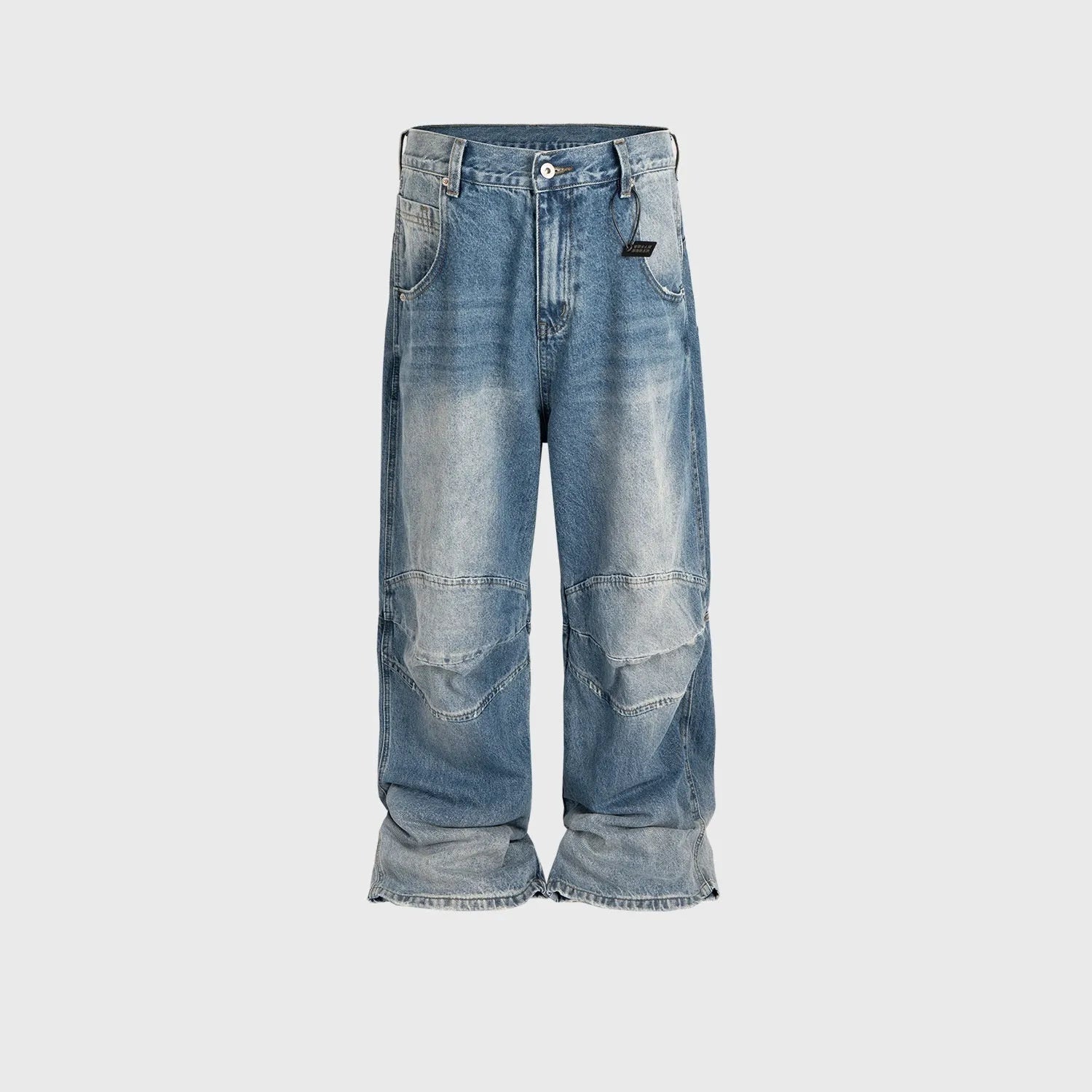 Men's washed white blue baggy straight-leg jeans with zip fly on mannequin