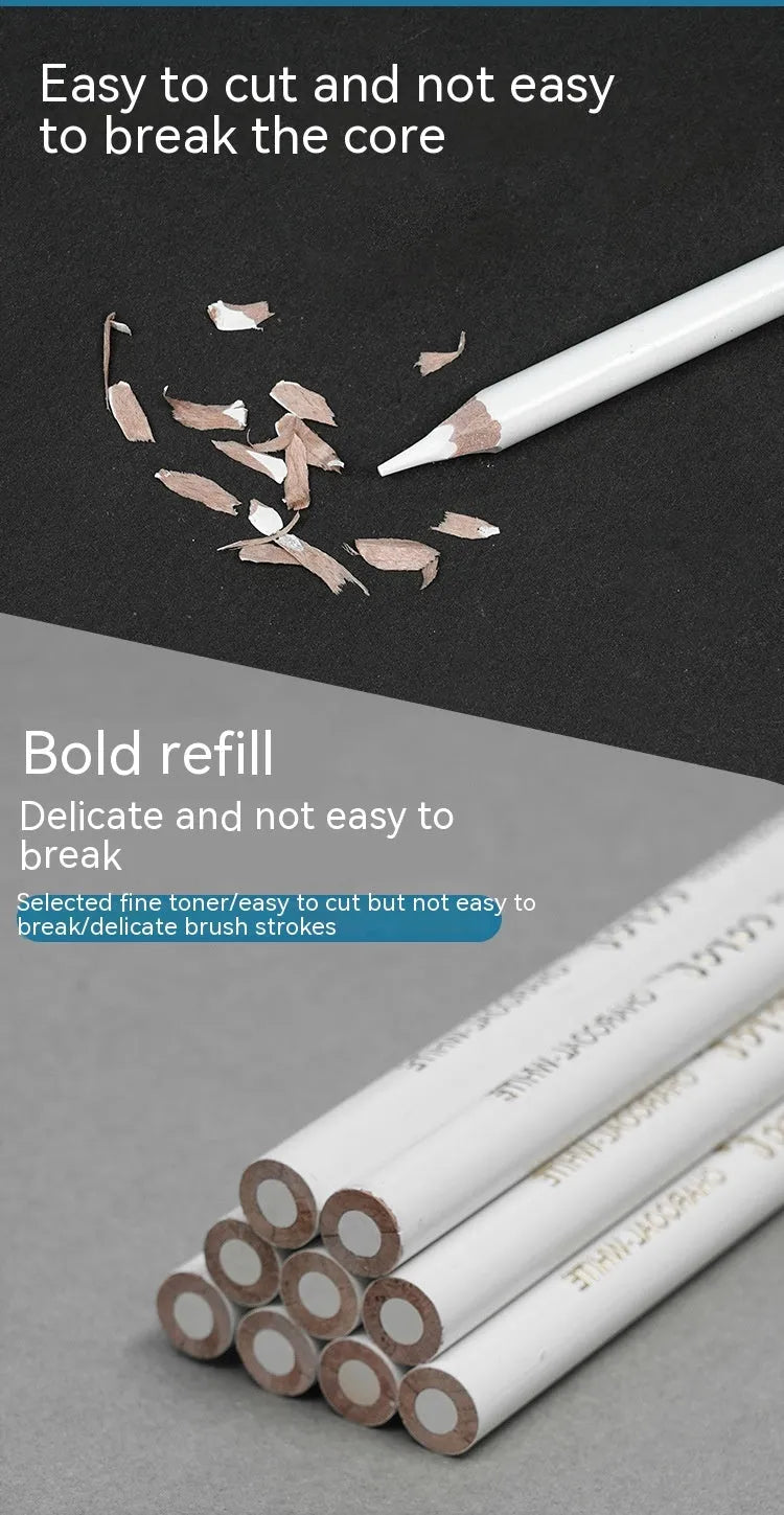 Set of three white charcoal pencils with wooden barrels for sketching on dark paper.