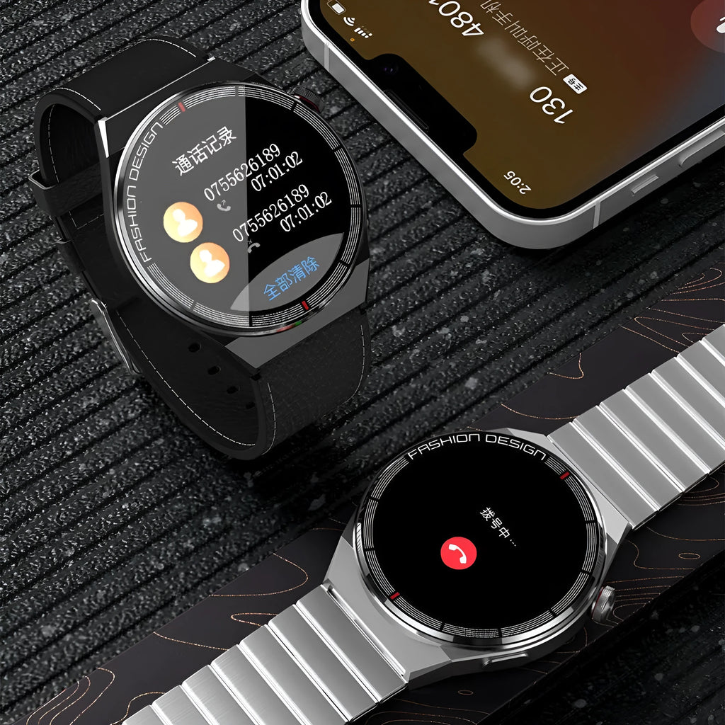 Black smartwatch with 1.28-inch screen on a silicone strap, showing heart rate and call interface