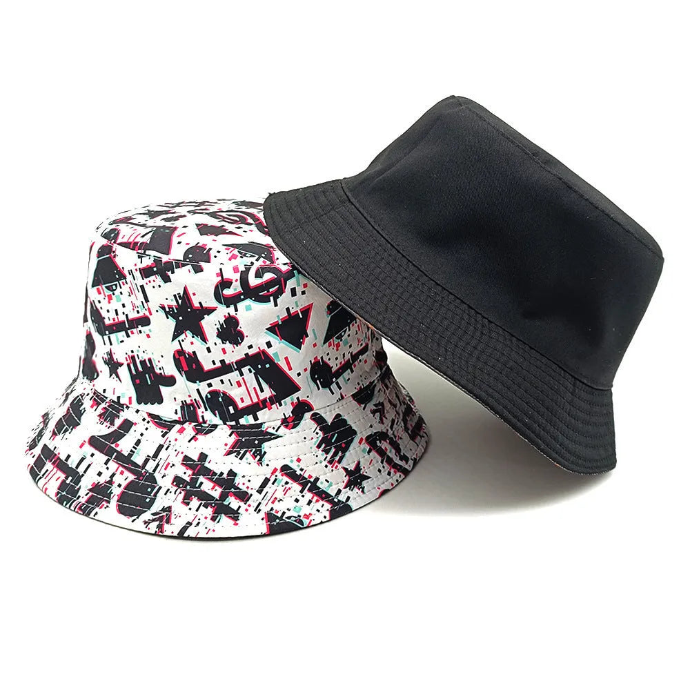 White bucket hat with black musical note pattern print, dome crown, and medium size label.