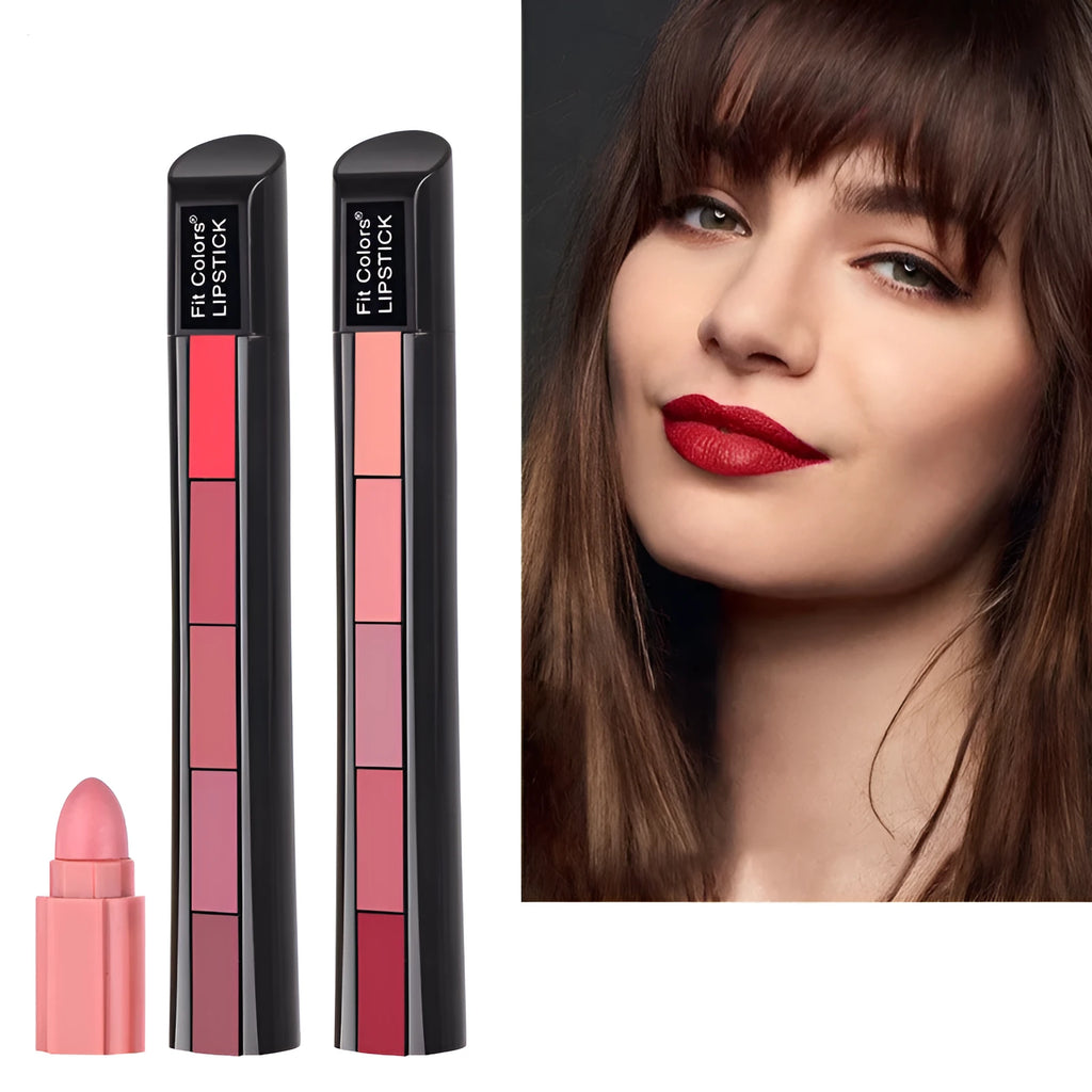 5-colour matte lipstick set with velvet finish, 1.2g per colour, shades 01#RED and 02#NUDE