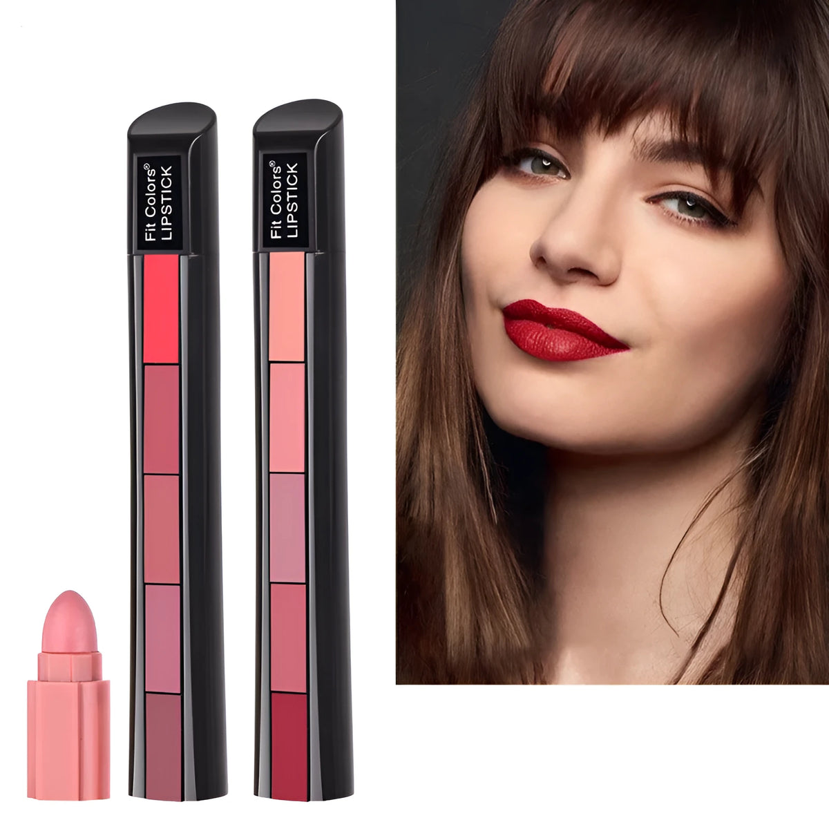 5-colour matte lipstick set with velvet finish, 1.2g per colour, shades 01#RED and 02#NUDE