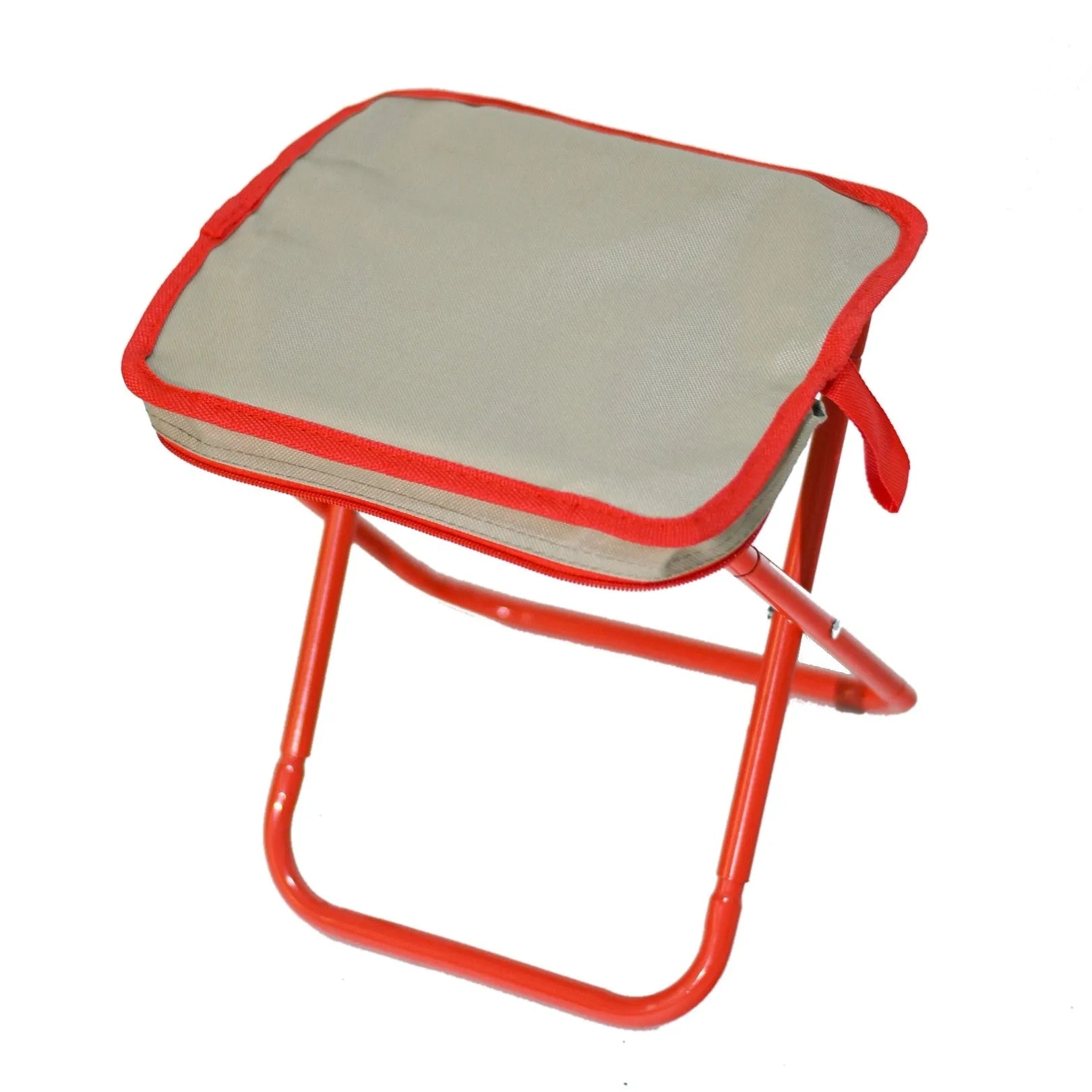 A folded Oxford cloth camping stool in khaki with its attached crossbody carry bag, shown next to an unfolded version.