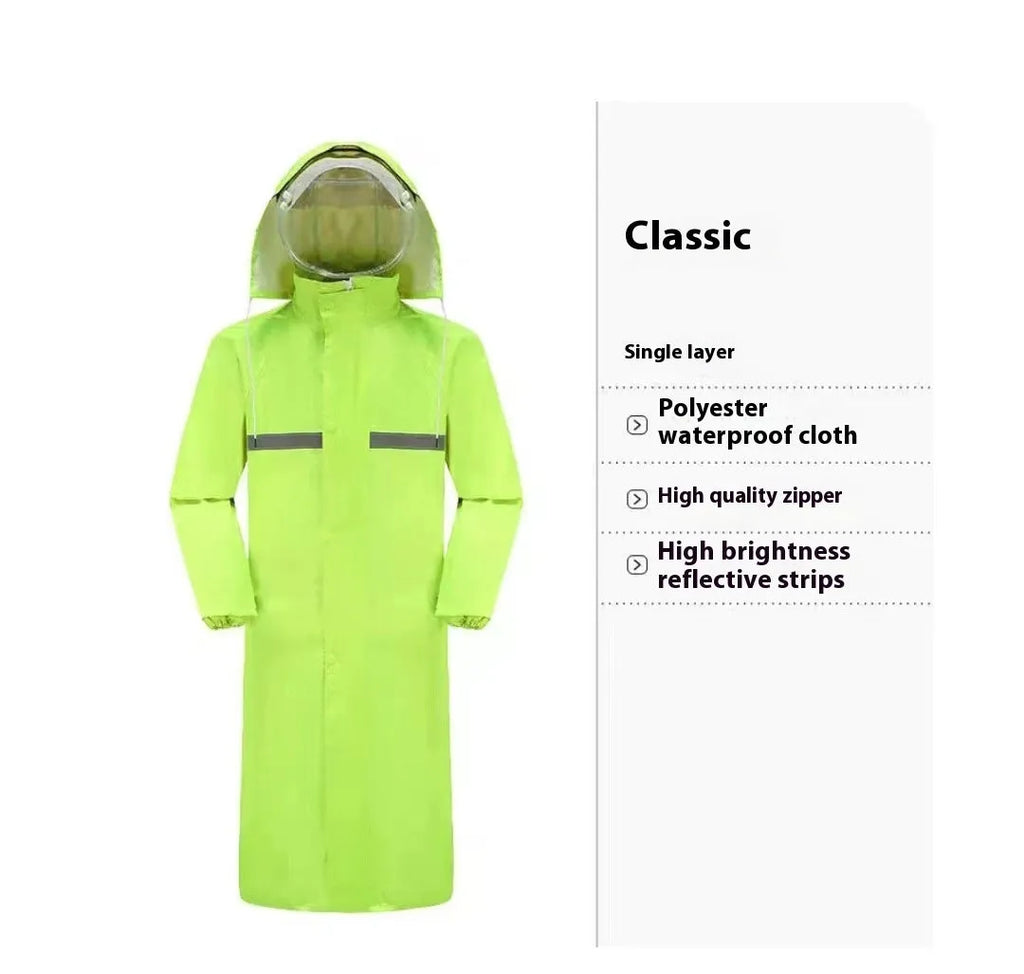 Adult long one-piece waterproof raincoat in navy blue, sizes XXL to XXXXL, full-body outdoor rain cover