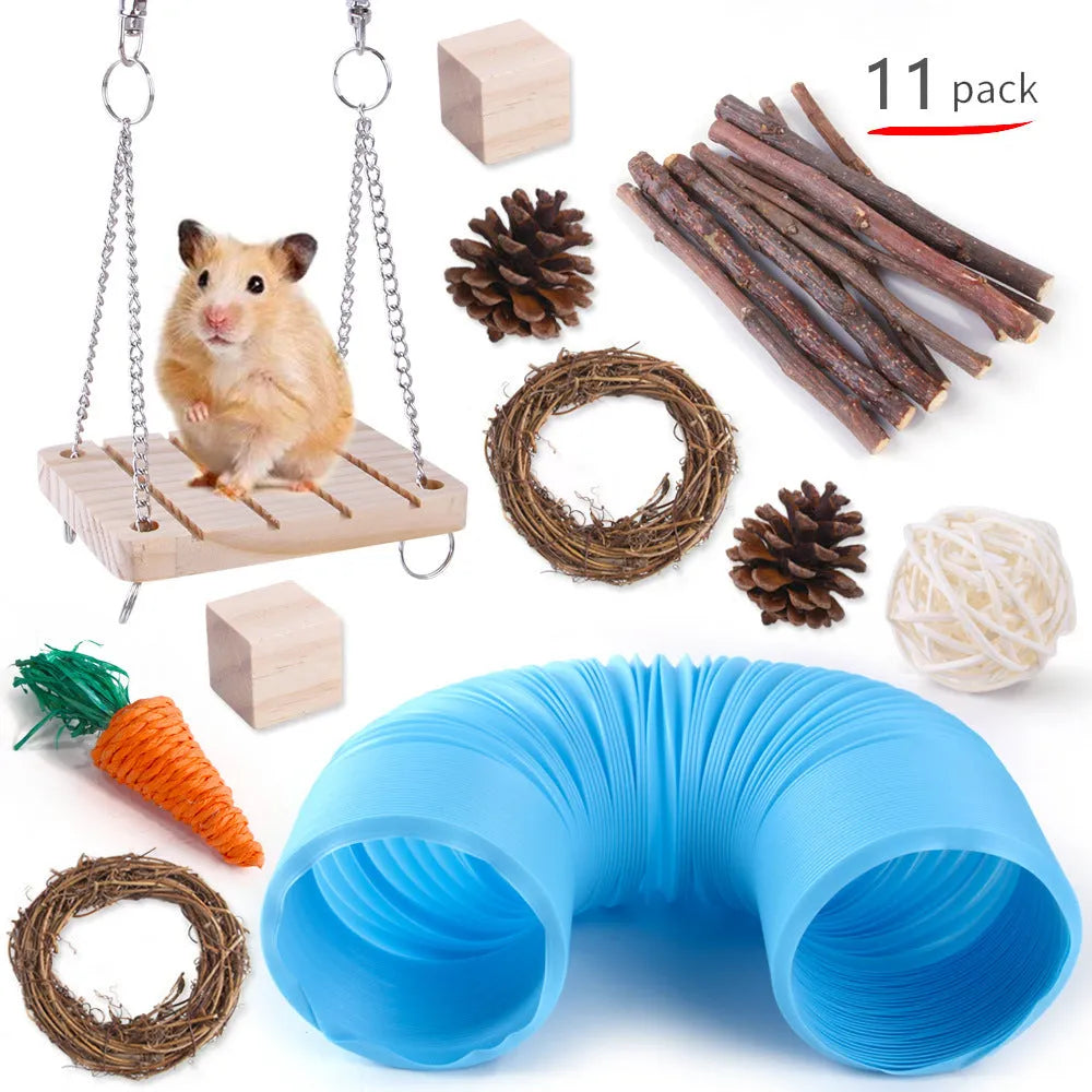 Wooden toy combination set for rabbits, guinea pigs, and parrots with straw mattress and natural material balls