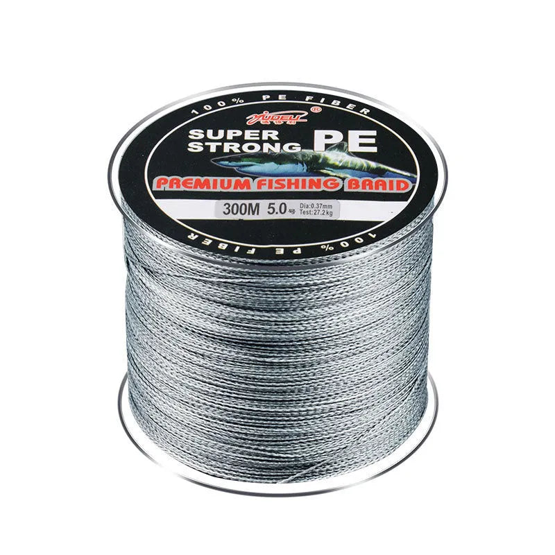 PE 300m 4-strand braided fishing line in multiple colours on a spool