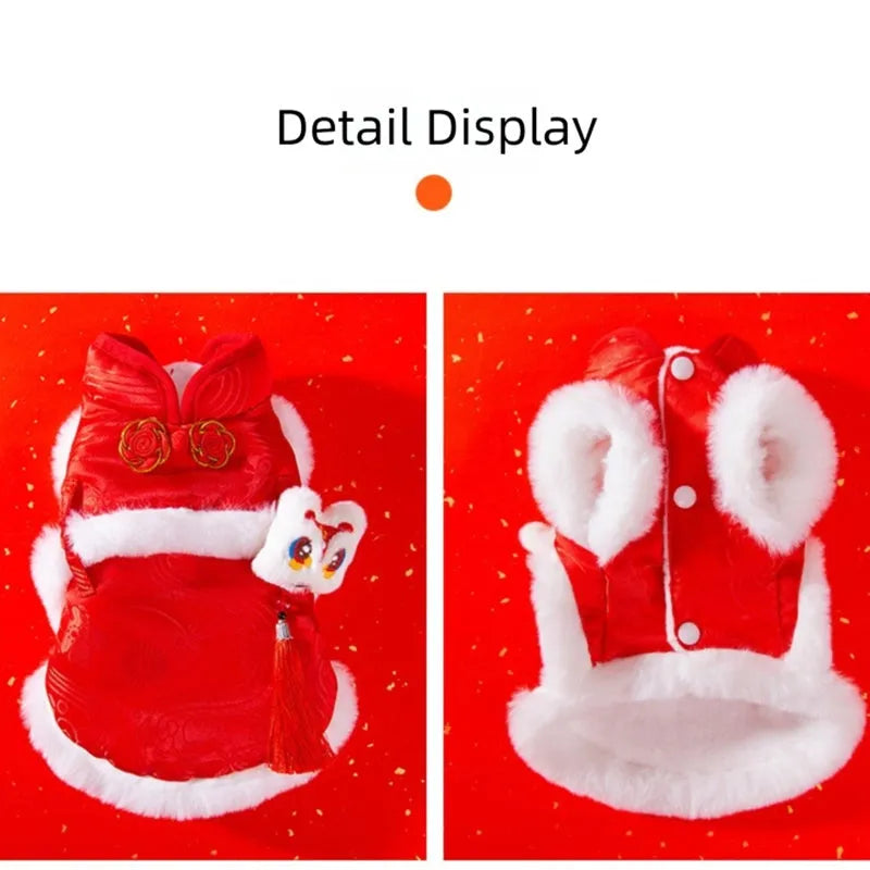 Red lion dance Tang suit pet vest with 3D lion head, tassel, and golden knot buttons for small dogs and cats.