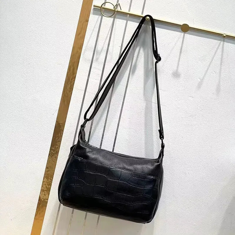 Genuine leather large capacity crossbody shoulder bag in black plaid with horizontal square shape