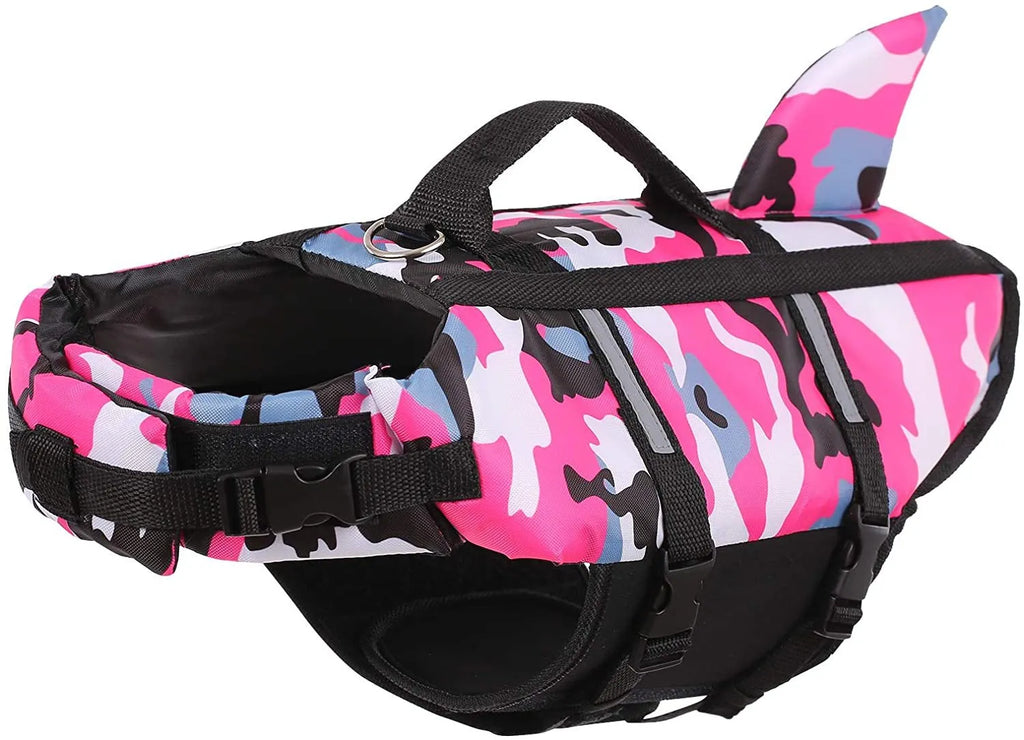 Dog life jacket in camouflage shark design, blue or rose red, sizes XS to XXL for pet swimming.