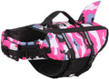 Dog life jacket in camouflage shark design, blue or rose red, sizes XS to XXL for pet swimming.