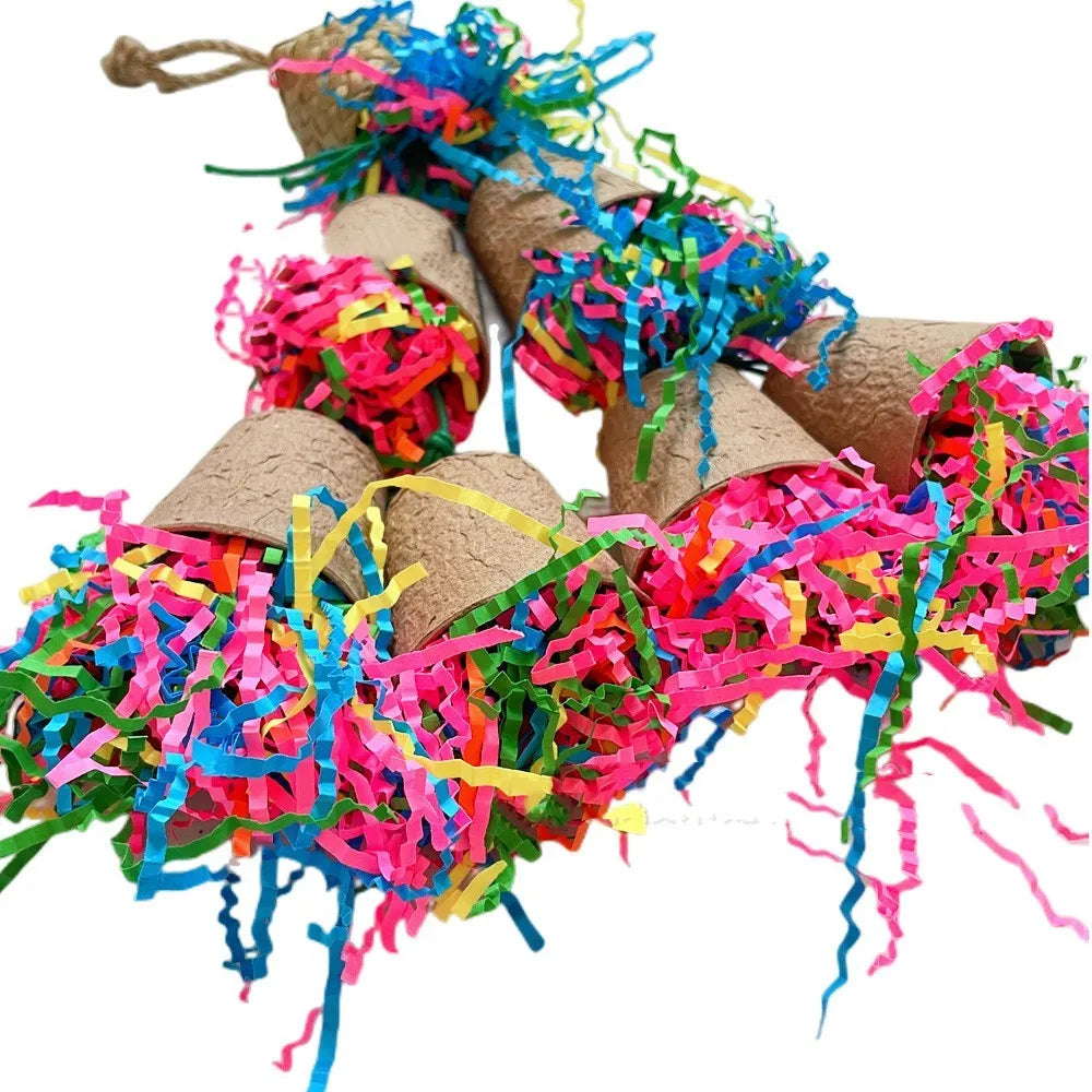Natural palm fibre parrot chewing toy with woven paper cup design hanging at 38cm height