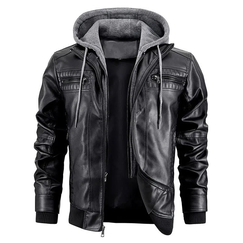 Men's black PU leather hooded jacket with zipper pockets, normal length 50cm, front view