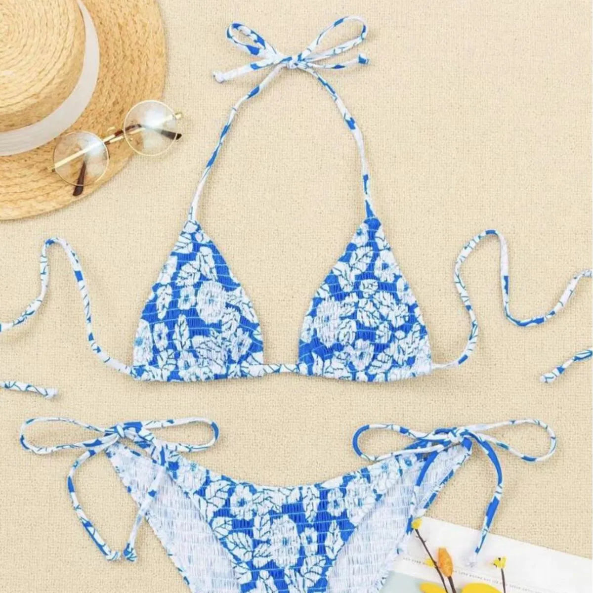 Women's floral print halterneck swimsuit briefs in five colours with polyester fabric