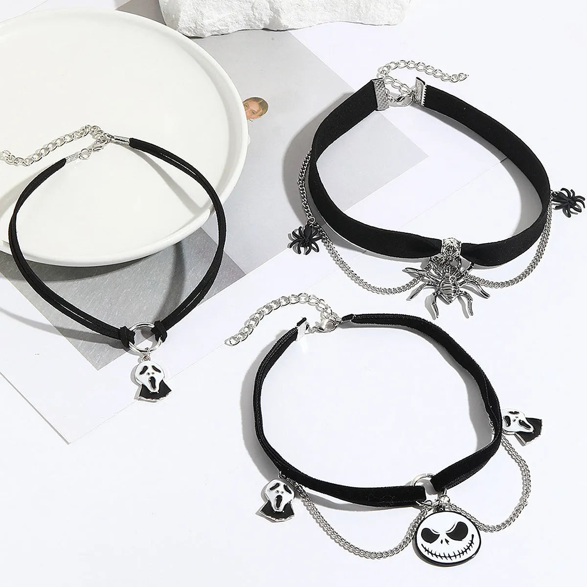 Halloween necklace with bat ghost skull pumpkin spider pendant, zinc alloy electroplated bamboo chain, multiple colour options