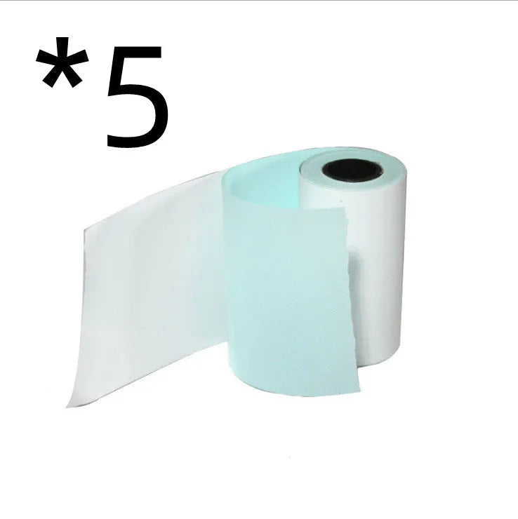 Bluetooth mobile mini thermal printer in pink with paper rolls and USB cable