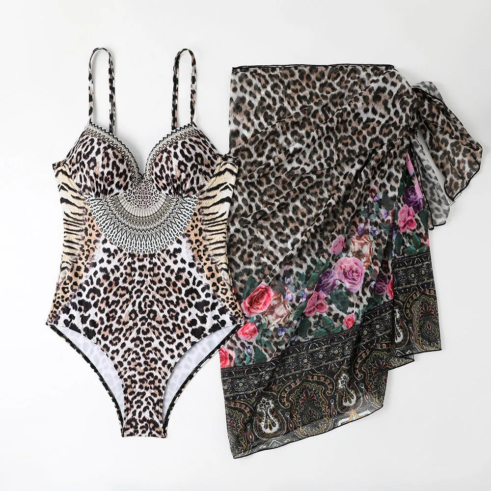 Leopard print women's backless one-piece swimsuit with mesh dress and pants.