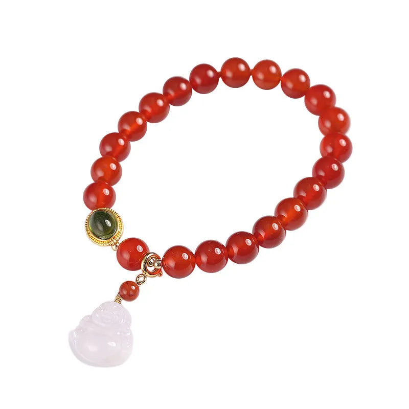 Red agate bracelet with ancient gold jade hanging element and Buddha pendant