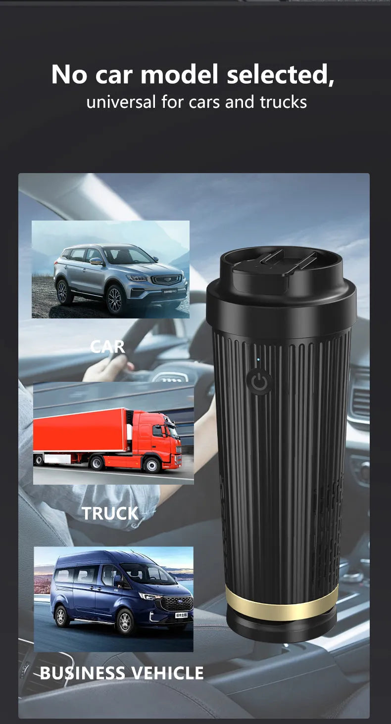 Car-mounted smart heating and cooling cup in black, 36W 12V, size 111x96x235mm, for vehicles homes offices