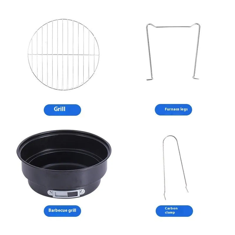 Small folding round ice stove grill with accessories for outdoor and indoor barbecuing