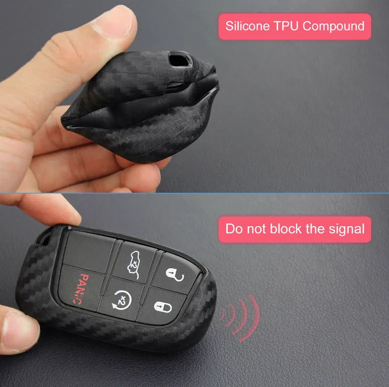 Carbon fibre pattern silicone protective case covering a Dodge, Chrysler, and Fiat car key fob