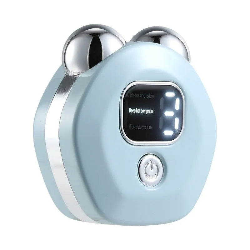 Portable white micro current facial massager with dual rollers and USB charging cable.
