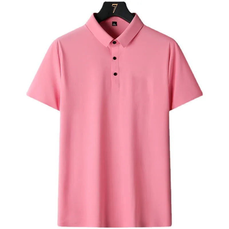 Non-ironing solid colour men's short sleeve business shirt on a hanger.