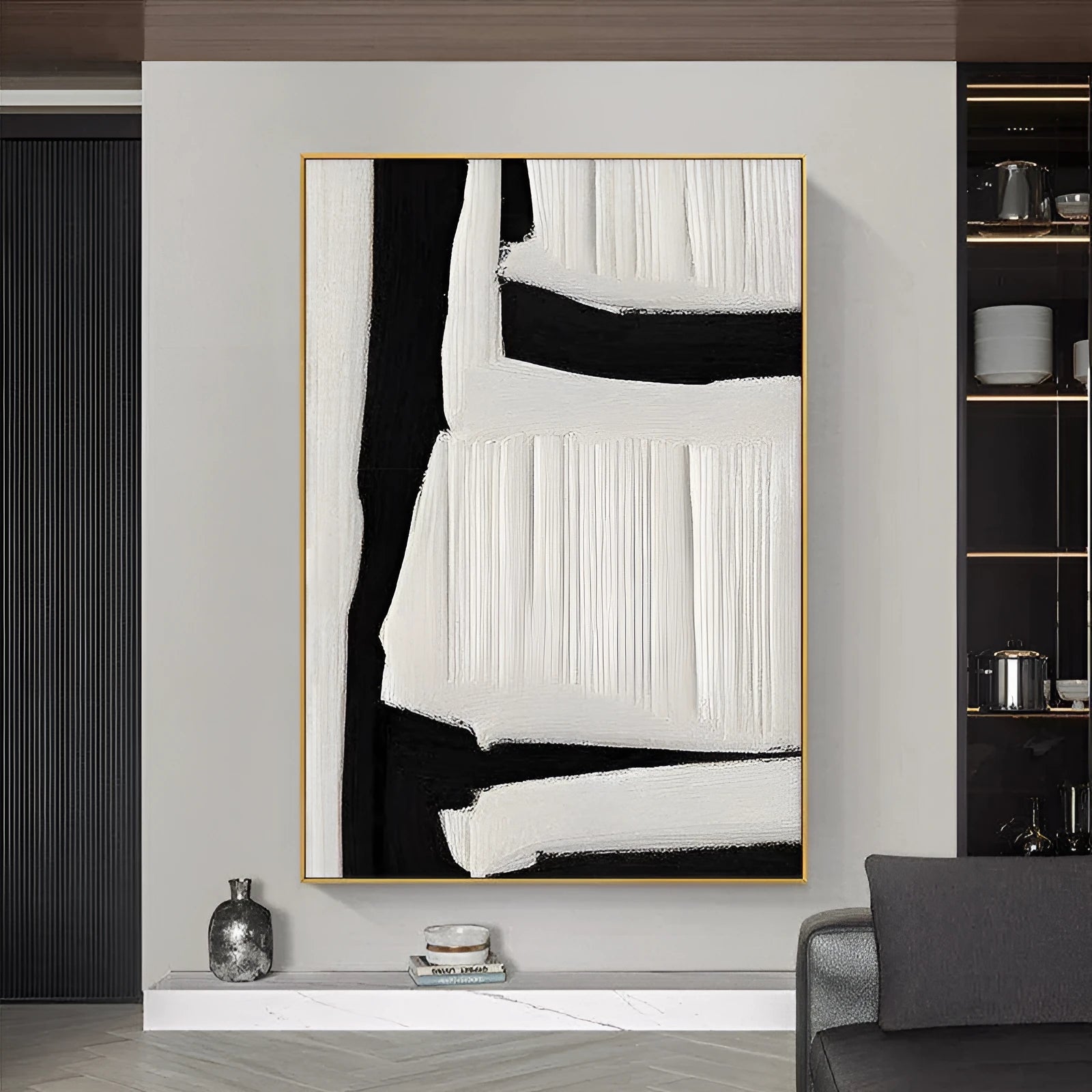 Large black and white abstract handmade painting on textured canvas, modern wall art for home decoration