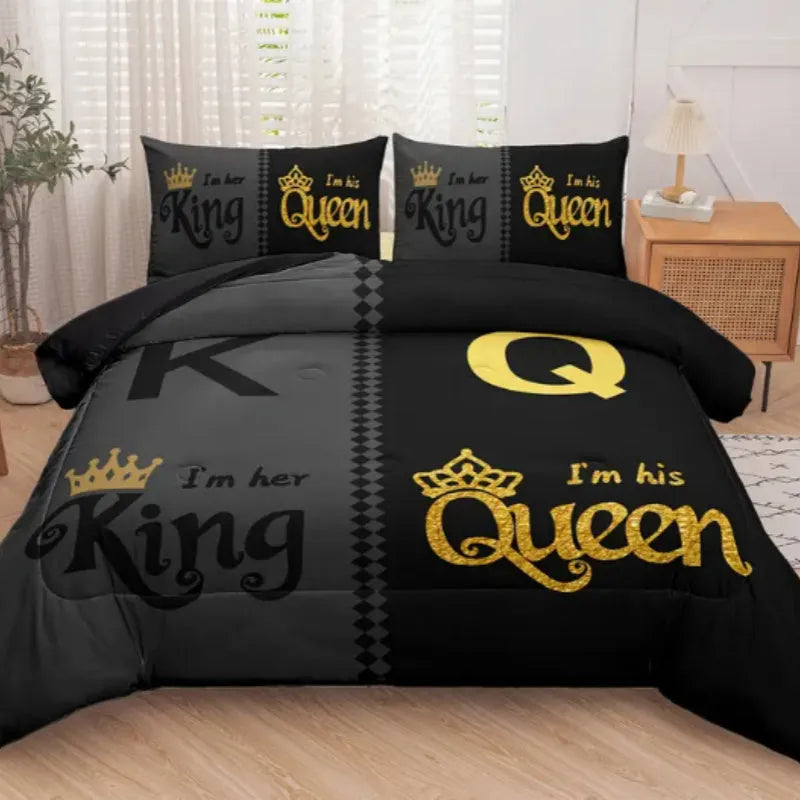 Light grey three piece quilt cover set with crown English digital print, polyester cotton, two pillowcases included