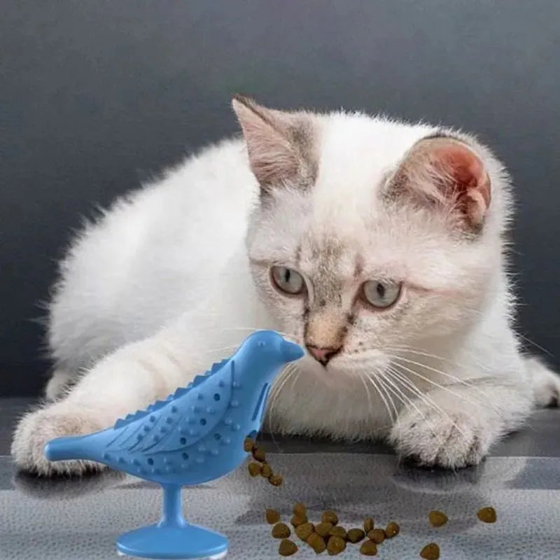 Blue interactive bird shape cat toy with suction cup base on a floor, 12.5x10x5cm
