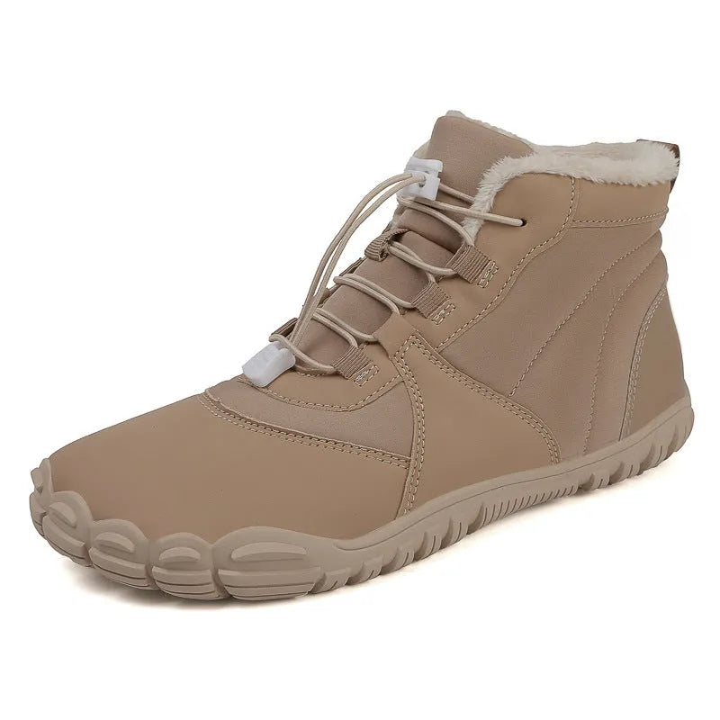Unisex waterproof snow boots in black, khaki, or pink with round toe, lace-up front, and fleece lining.