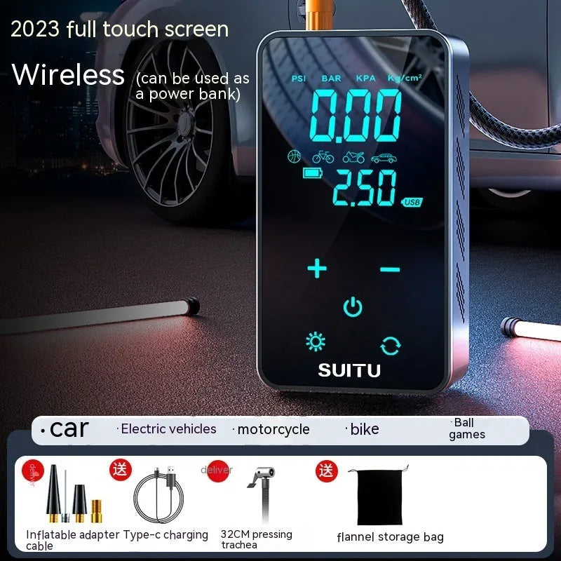 ST-9616C portable wireless car tyre inflator with LCD screen and black hose on a grey background.