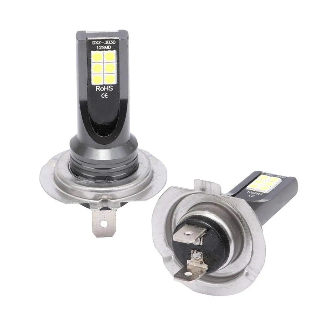 Close-up of a white H7 110W LED car fog light bulb with 12 visible SMD chips on an aluminium body.