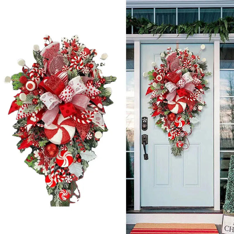 Artificial Christmas wreath with candy and upside-down tree design, 50cm or 60cm, yellow ribbon loops for hanging.