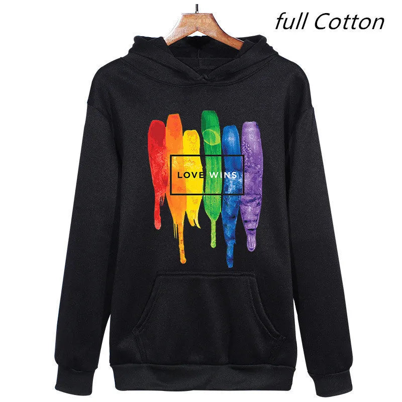 Men's Pride Love Wins cotton fleece hoodie in Black front view